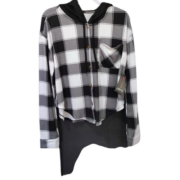 NWT No Boundaries Hoodie Womens Black/White Plaid Long Sleeve Shirt Size LRG - Picture 4 of 11